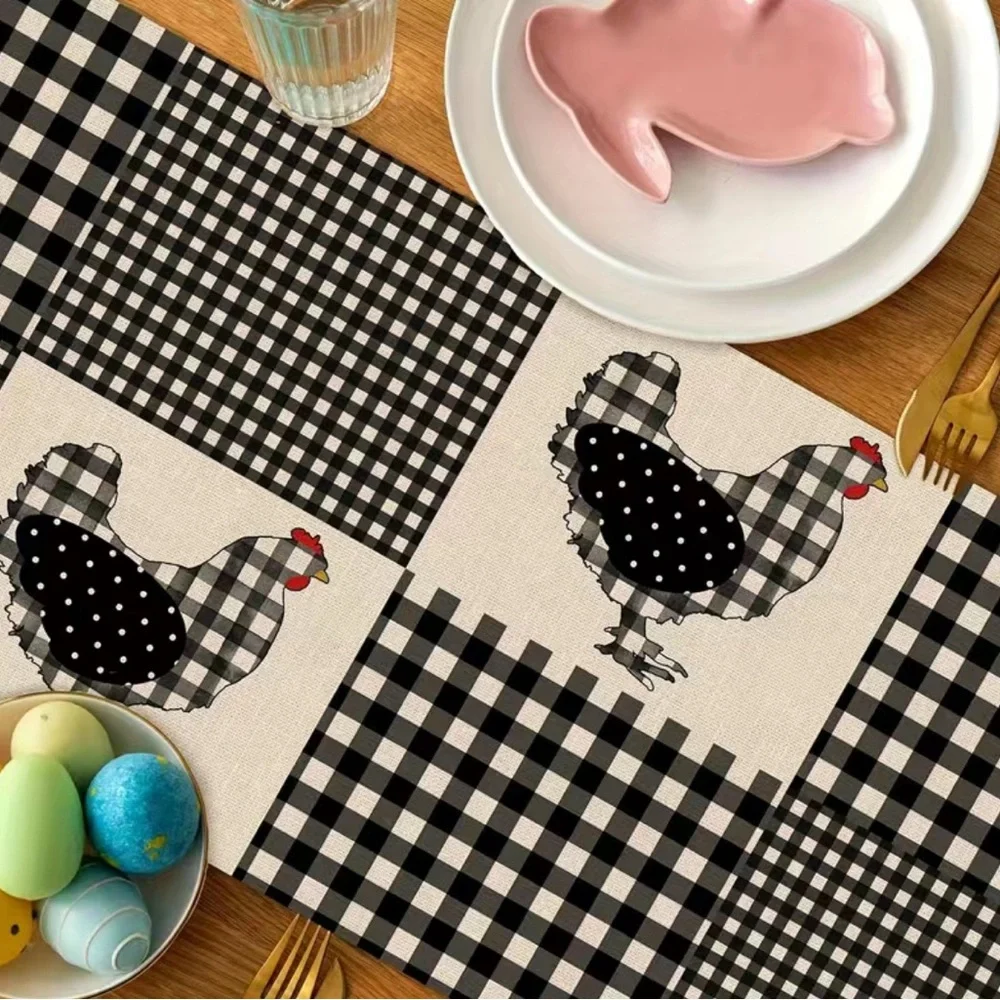 Rooster Hen Table Runner, Black White Buffalo Plaid 13X72 Chicken Chick Gingham - Picture 5 of 5